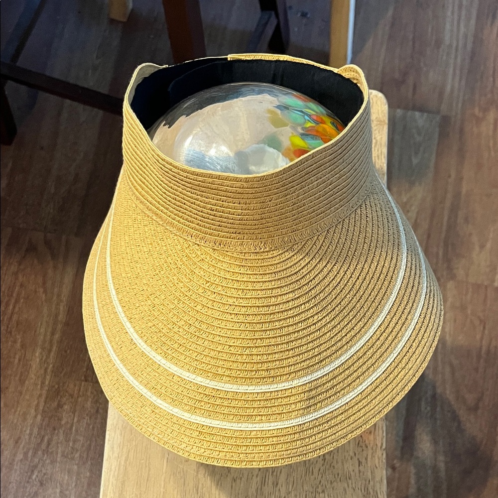 D & Co Wide Brim Packable Straw Visor Hat in Light Tan with White Stripes